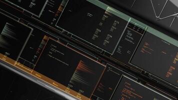 abstrakt Bildschirme mit Ziffern, Grafiken, abstrakt wissenschaftlich Grafik Hintergrund, nahtlos Schleife. Animation. 3d Visualisierung von fliegend modern Digital Tafeln. video