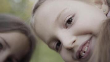 vicino su di facce di divertente poco ragazze sorridente, guardare a telecamera su sfocato verde alberi sfondo. azione. concetto di contento infanzia. video