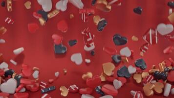 Bright background of falling colorful hearts. Animation. 3d hearts fall on isolated bright background. Festive background for lovers with hearts. Background for Valentine's Day video