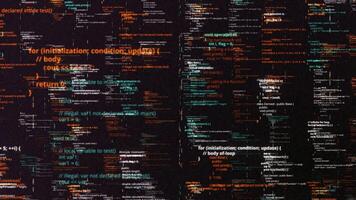 computer codice su lcd tenere sotto controllo. animazione. infinito quantità di programmazione codice linee, artificiale intelligenza e computer linguaggio concetto. video