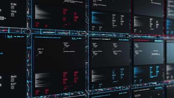 Prozess von virtuell Software. Animation. Anzeigen 3d Zellen mit Ändern Werte im Datenbank. Verteilung von Codes und Zahlen über Tabellen im virtuell Raum video
