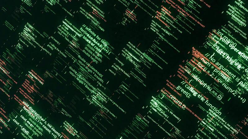 Background of many flying matrix codes. Animation. Green program codes ...