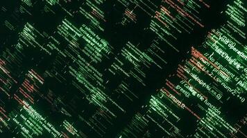 Hintergrund von viele fliegend Matrix Codes. Animation. Grün Programm Codes fliegen und Veränderung im Matrix Raum. Programm Codes auf schwarz Hintergrund video