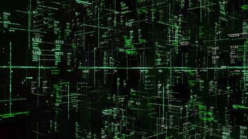 veel getallen en codes in Matrix. animatie. ruimte binnen Matrix met veel van code en getallen vliegend Aan groen achtergrond. meerdere programma's binnen Matrix video