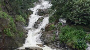 Beautiful tropical waterfall in jungle with hiking trails. Action. Cascading waterfall on rocks of rainforest. Beautiful tourist waterfall with cascades on rocks in green jungle video