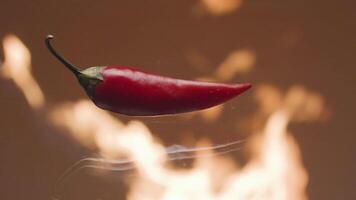 Close-up of red pepper on background of fire. Stock footage. Hot red chili pepper on background of flame of fire. Chili pepper burning like flame of fire. Promotional video with hot pepper