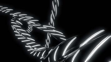 Abstract twisted neon monochrome rope on a black background. Design. Silver metal ropes with white neon stripes. video