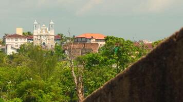 telhados do edifícios e cinzento céu. Ação. vermelho telhados e verde árvores em uma verão dia. video