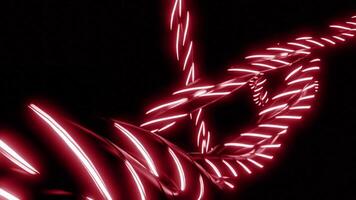 Animation of moving neon lines in dark. Design. Line of dark harnesses with neon stripes in dark. Abstract lines with neon stripes swirl in dark video