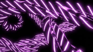 Swirling neon lines in dark space. Design. Cyber harnesses with neon lines in space. Moving neon lines swirl in dark video