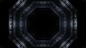 Dark space tunnel with flashing lights. Design. Octagonal shape of metal tunnel. 3D spaceship tunnel with darkness video