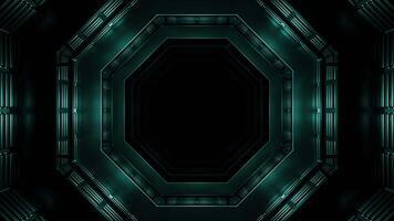 Movement in geometric 3d spaceship tunnel. Design. Geometric 3D tunnel of space ship model. Metal walls with flashing lights of space tunnel video