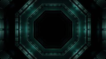 Movement in geometric 3d spaceship tunnel. Design. Geometric 3D tunnel of space ship model. Metal walls with flashing lights of space tunnel video