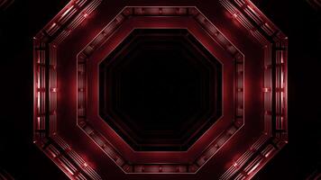 Dark space tunnel with flashing lights. Design. Octagonal shape of metal tunnel. 3D spaceship tunnel with darkness video