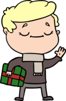 cartoon man carrying christmas present waving png