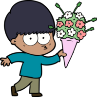 nervous cartoon boy with flowers png