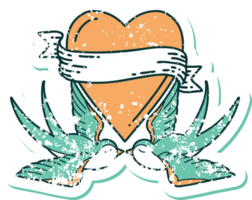 image emblématique de style tatouage autocollant en détresse d'hirondelles et d'un coeur avec bannière png