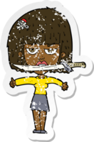 retro distressed sticker of a cartoon woman with knife between teeth png