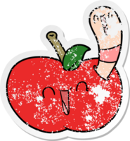 distressed sticker of a cartoon worm in happy apple png