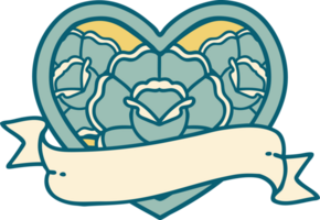 iconic tattoo style image of a heart and banner with flowers png