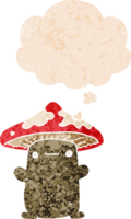 dessin animé champignon avec pensée bulle dans grunge affligé rétro texturé style png