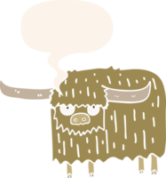 cartoon hairy cow with speech bubble in retro style png