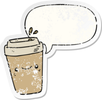 dessin animé à emporter café avec discours bulle affligé affligé vieux autocollant png