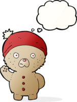 dessin animé agitant ours en peluche en chapeau d'hiver avec bulle de pensée png