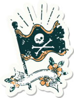 vieil autocollant usé d'un style de tatouage agitant un drapeau pirate png