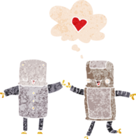 cartoon robots in love with thought bubble in grunge distressed retro textured style png