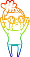 rainbow gradient line drawing of a cartoon crying woman wearing spectacles png