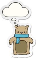 cartoon bear with scarf with thought bubble as a printed sticker png