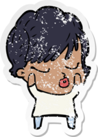 distressed sticker of a cartoon woman with eyes shut png