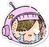 distressed sticker of a cartoon astronaut face crying png