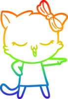 rainbow gradient line drawing of a cartoon cat with bow on head png