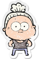 distressed sticker of a cartoon happy old woman png