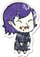 distressed sticker of a cartoon vampire girl with blood on cheek png