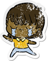 distressed sticker of a cartoon woman crying png