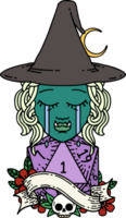 Retro Tattoo Style crying half orc witch character face with natural one d20 dice roll png