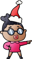 hand drawn gradient cartoon of a pointing woman wearing spectacles wearing santa hat png