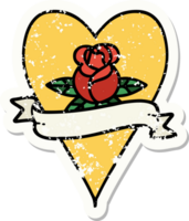 distressed sticker tattoo in traditional style of a heart rose and banner png