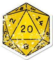 grunge sticker of a natural 20 D20 dice roll png