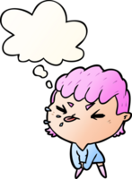 cartoon rude girl with thought bubble in smooth gradient style png