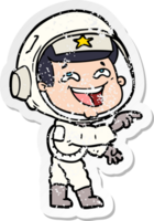 distressed sticker of a cartoon laughing astronaut png