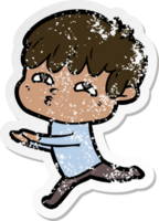 distressed sticker of a cartoon curious man png