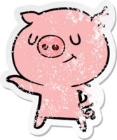 distressed sticker of a happy cartoon pig png