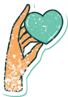 iconisch verontrust sticker tatoeëren stijl beeld van een hand- Holding een hart png