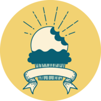 icon of a tattoo style cupcake with missing bite png