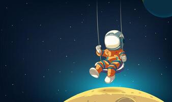 Horizontal illustration of astronauts swinging in space with stars and planets in the background vector