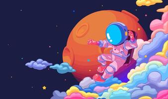 A horizontal illustration of astronauts exploring space with stars and planets in the background vector